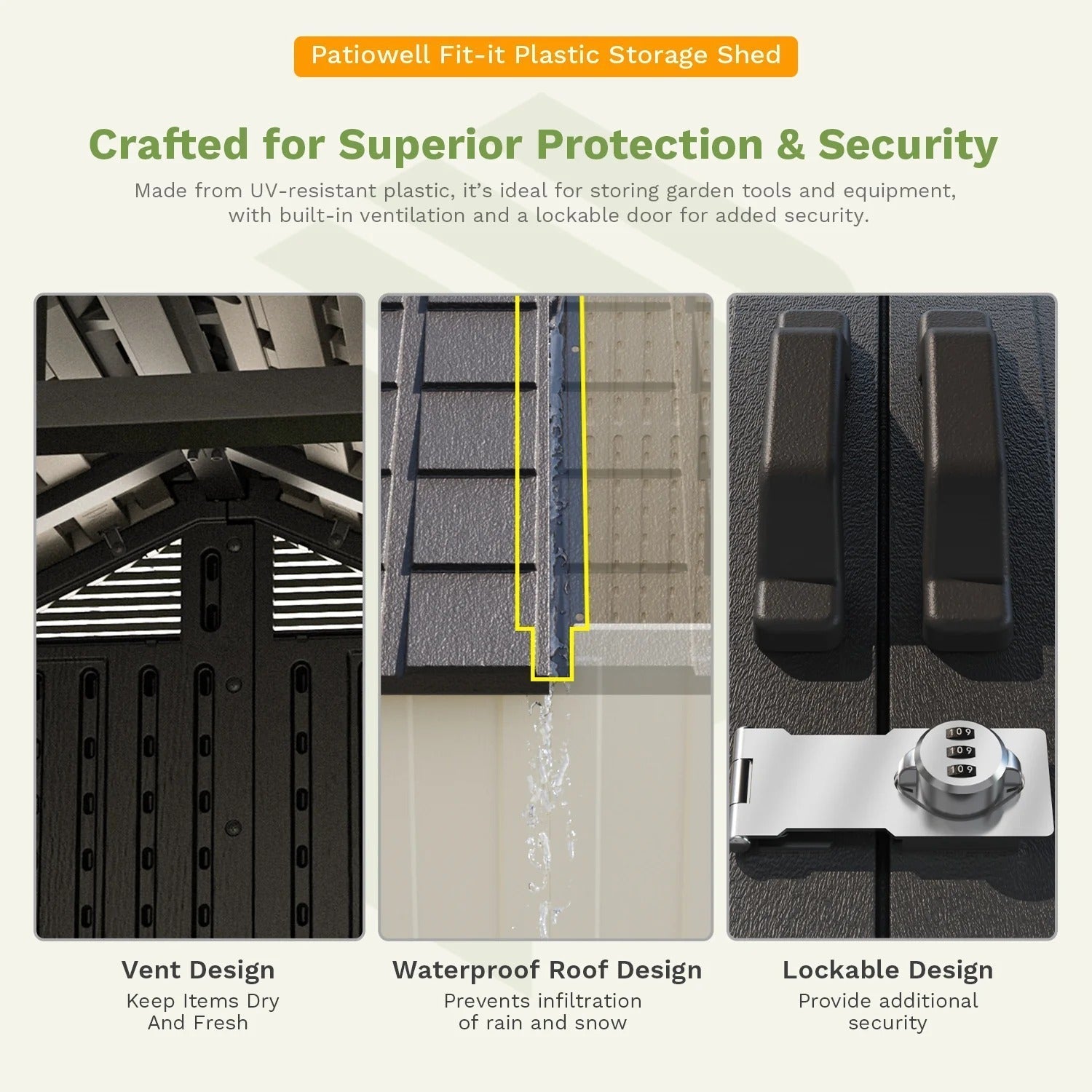 Kick-it 8x10 Plastic Storage Shed with Floor and Lights, Brown