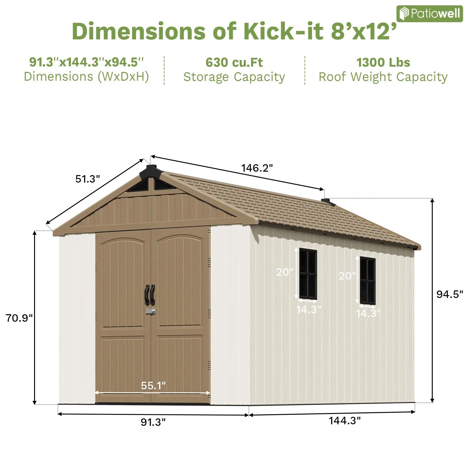 Kick-it 8x12 Plastic Storage Shed with Floor, Khaki & Beige