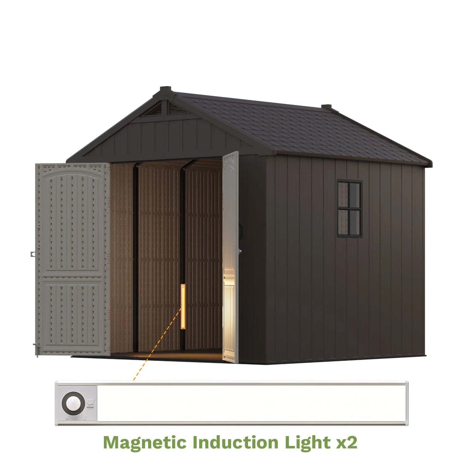 Kick-it 8x8 Plastic Storage Shed with Floor and Lights, Brown