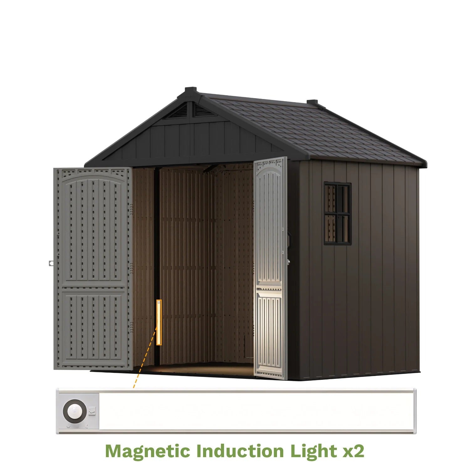 Kick-it 8x6 Plastic Storage Shed with Floor and Light, Brown