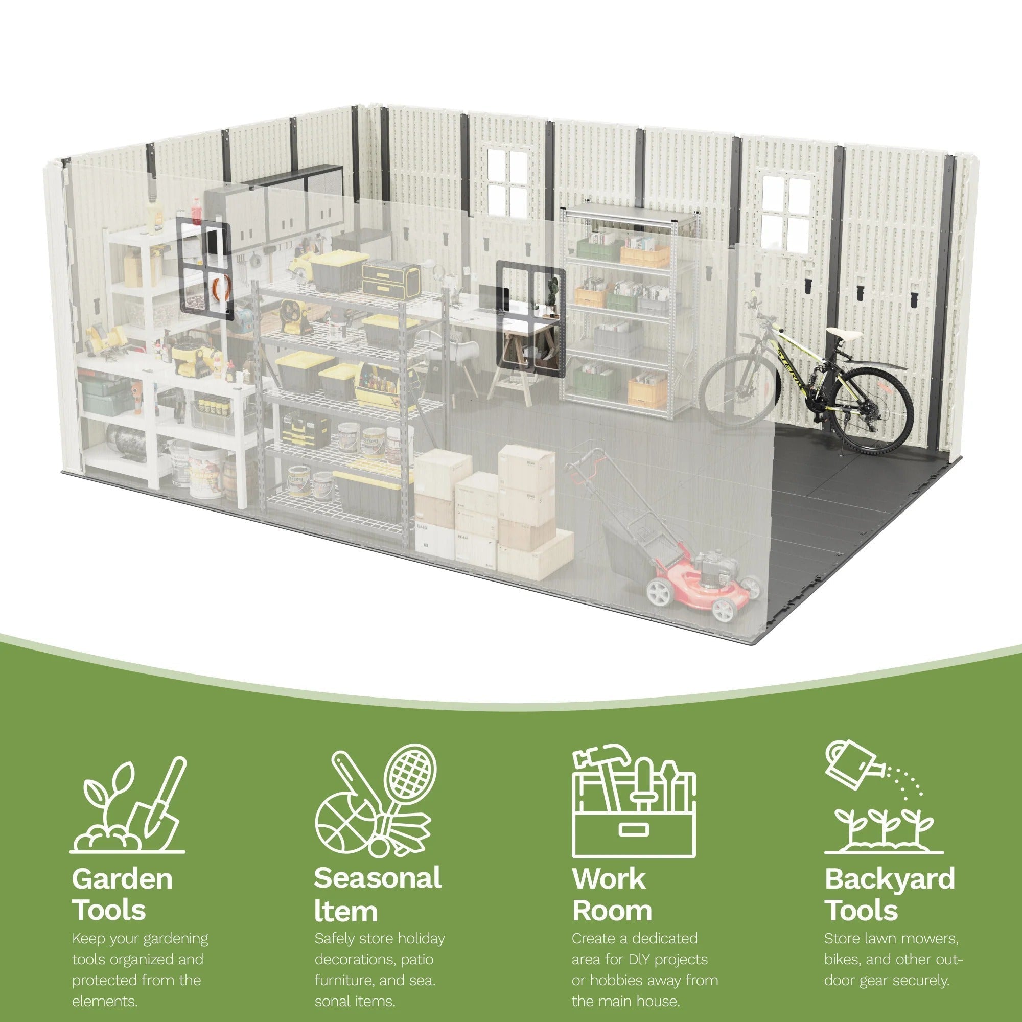 10x14 ft Kick-it Plastic Storage Shed with Skylight & Windows