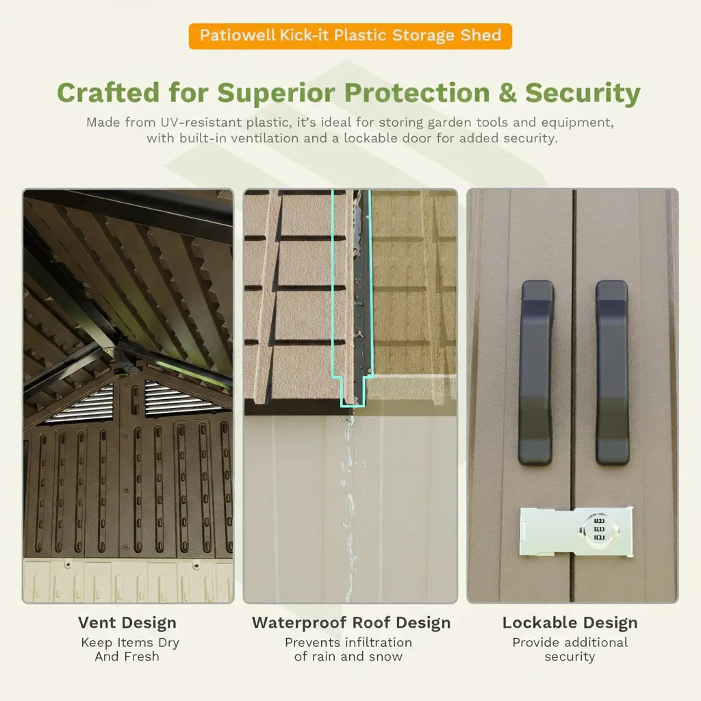 Kick-it 8x12 Plastic Storage Shed with Floor, Khaki & Beige