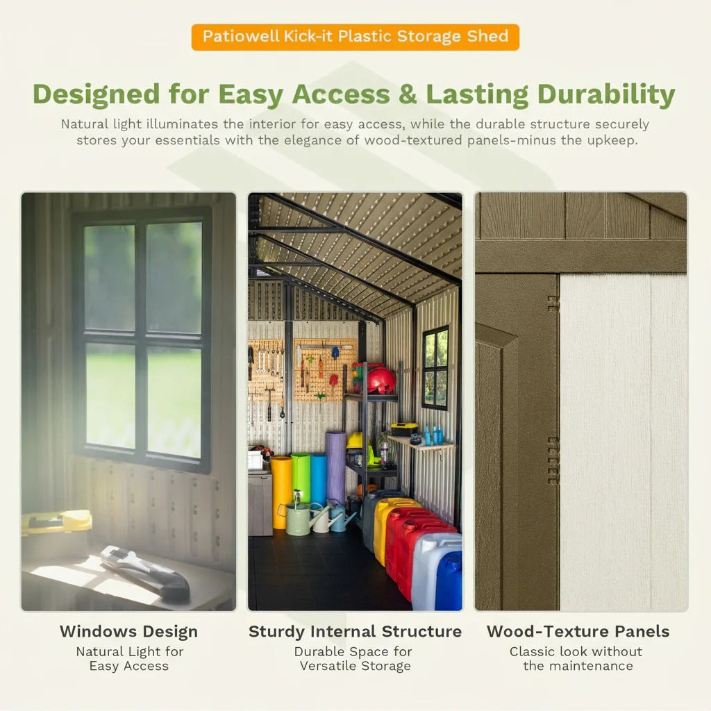 Kick-it 8x8 Plastic Storage Shed with Floor, Khaki & Beige