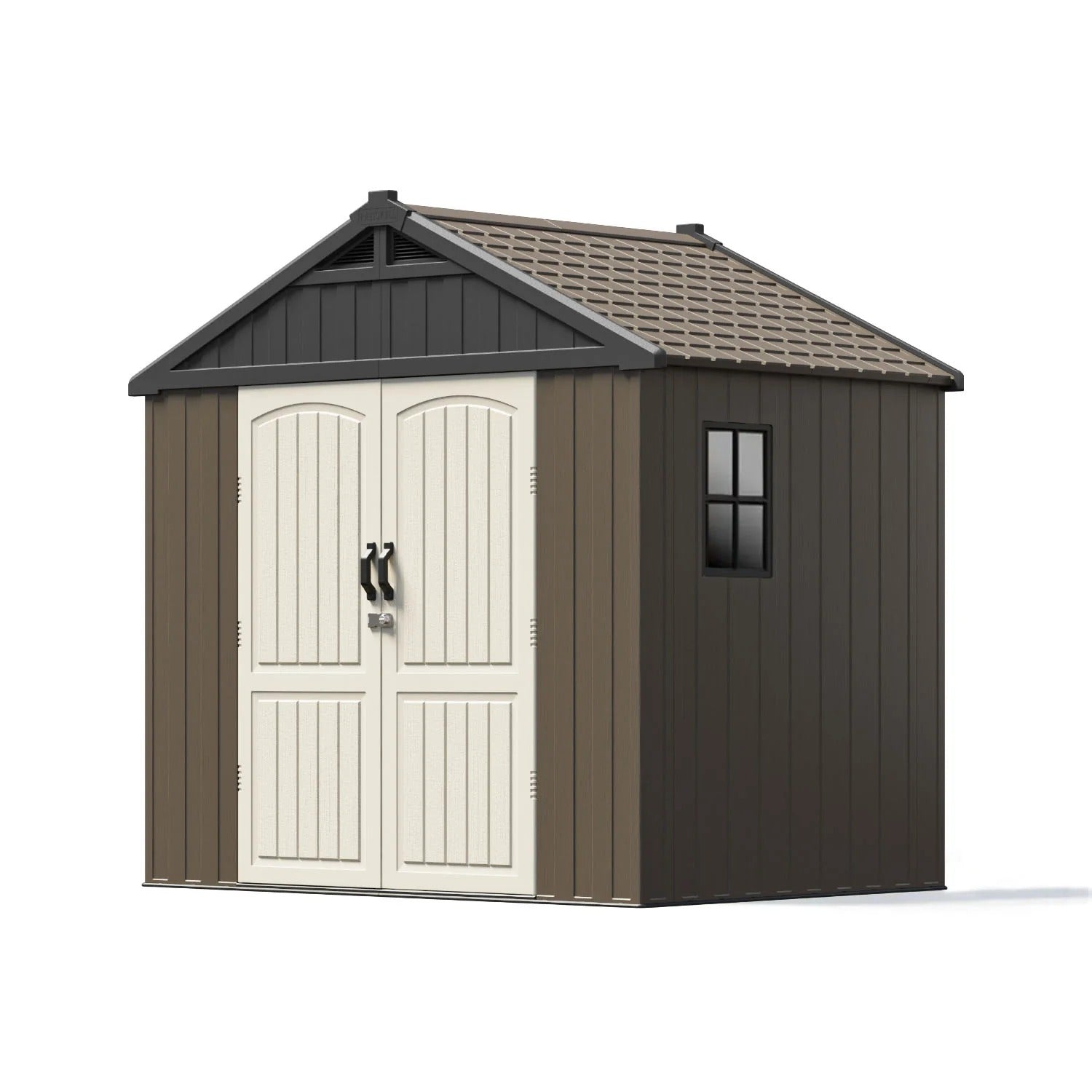 Kick-it 8x6 Plastic Storage Shed with Floor and Light, Brown