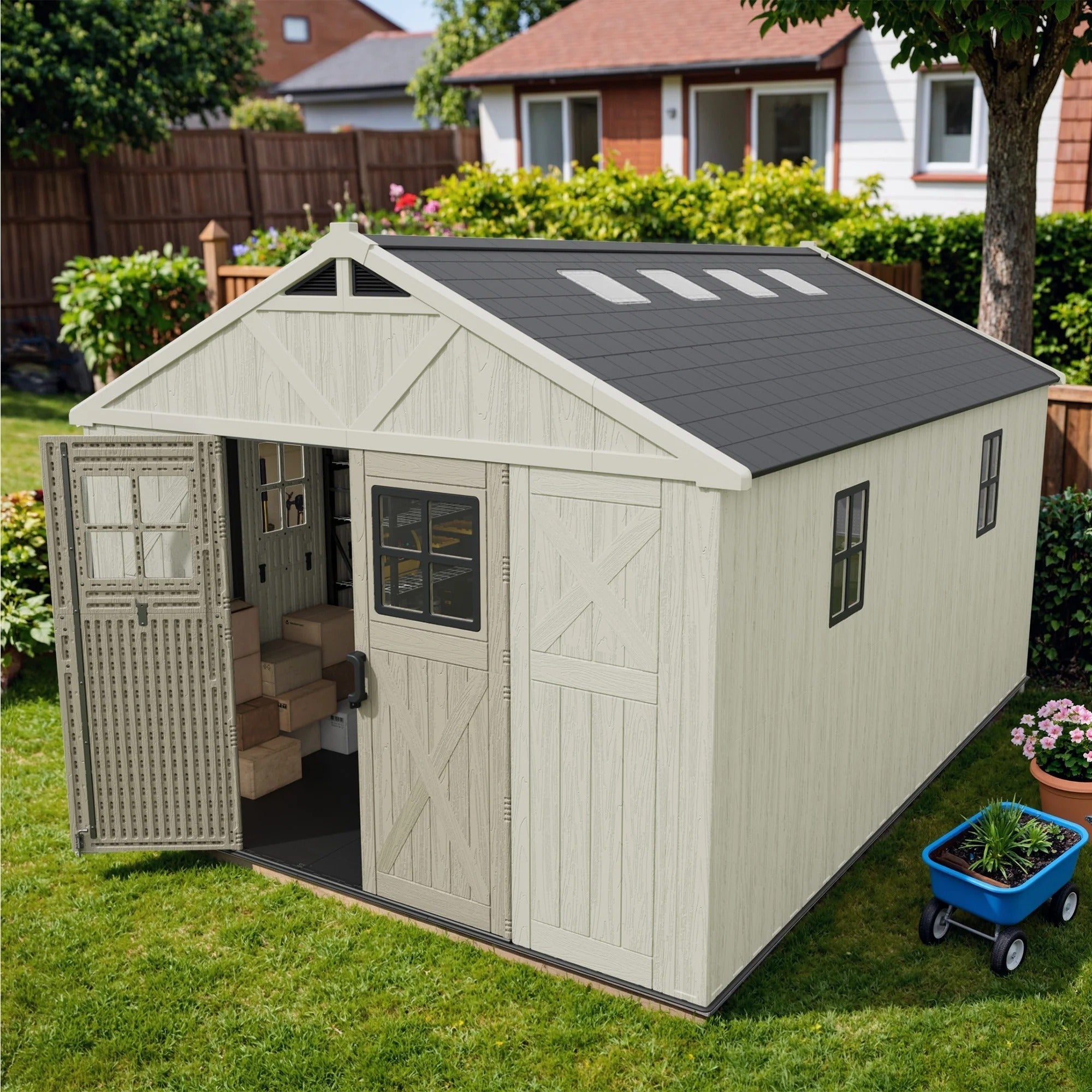 10x14 ft Kick-it Plastic Storage Shed with Skylight & Windows